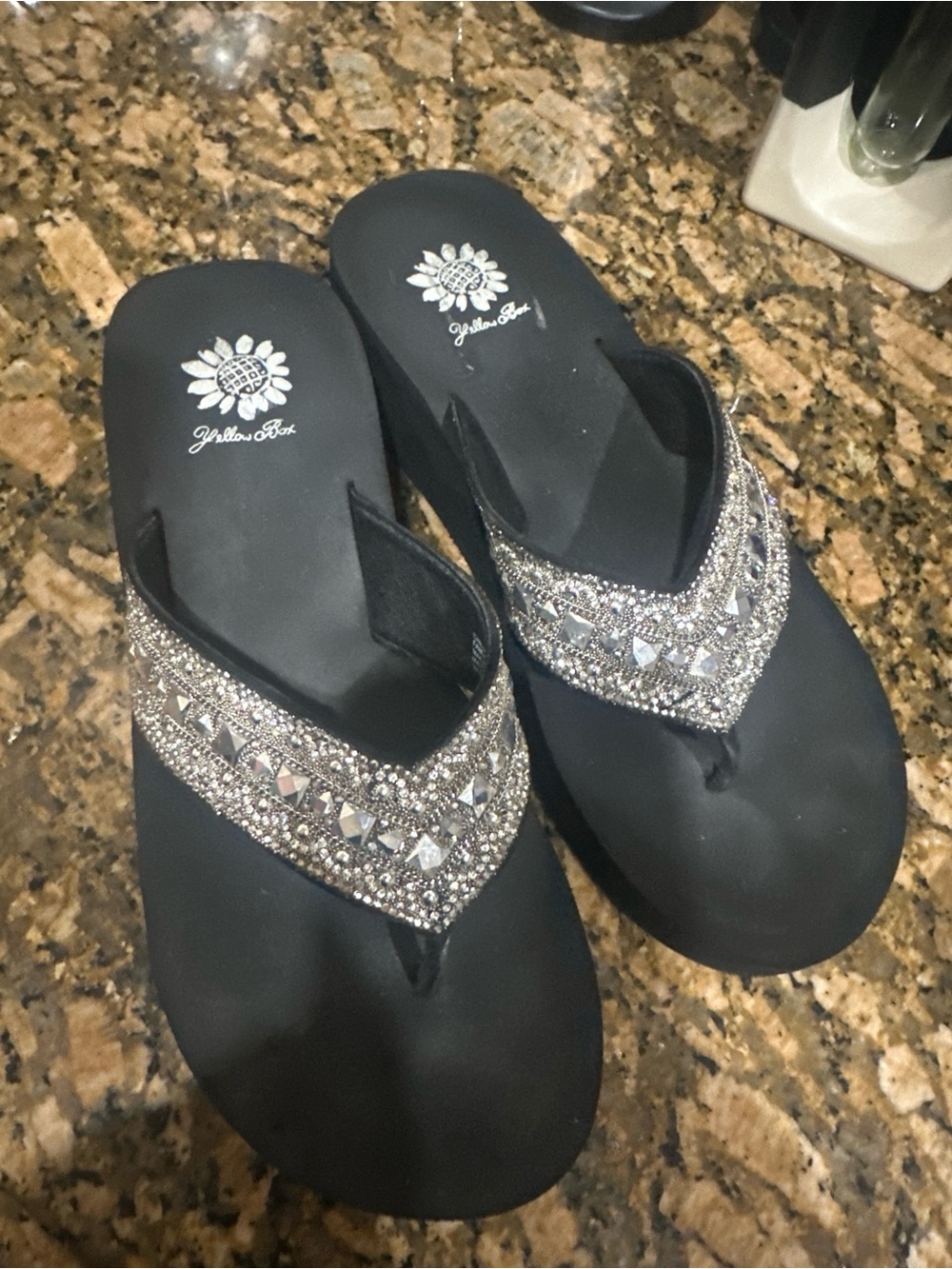 Yellow Box Black Crystal-Embellished Wedge Sandals